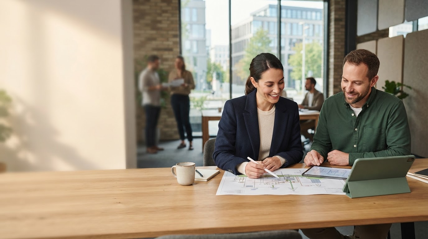 Vorexa Nali – warmer, moderner Arbeitsbereich mit digitalen Datenanalysen